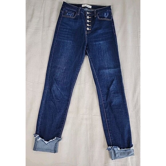 KanCan Jeans Womens 7 27 28x26 Crop Button Fly Stretch Crop Dark Blue Cuffed EUC - Picture 1 of 14